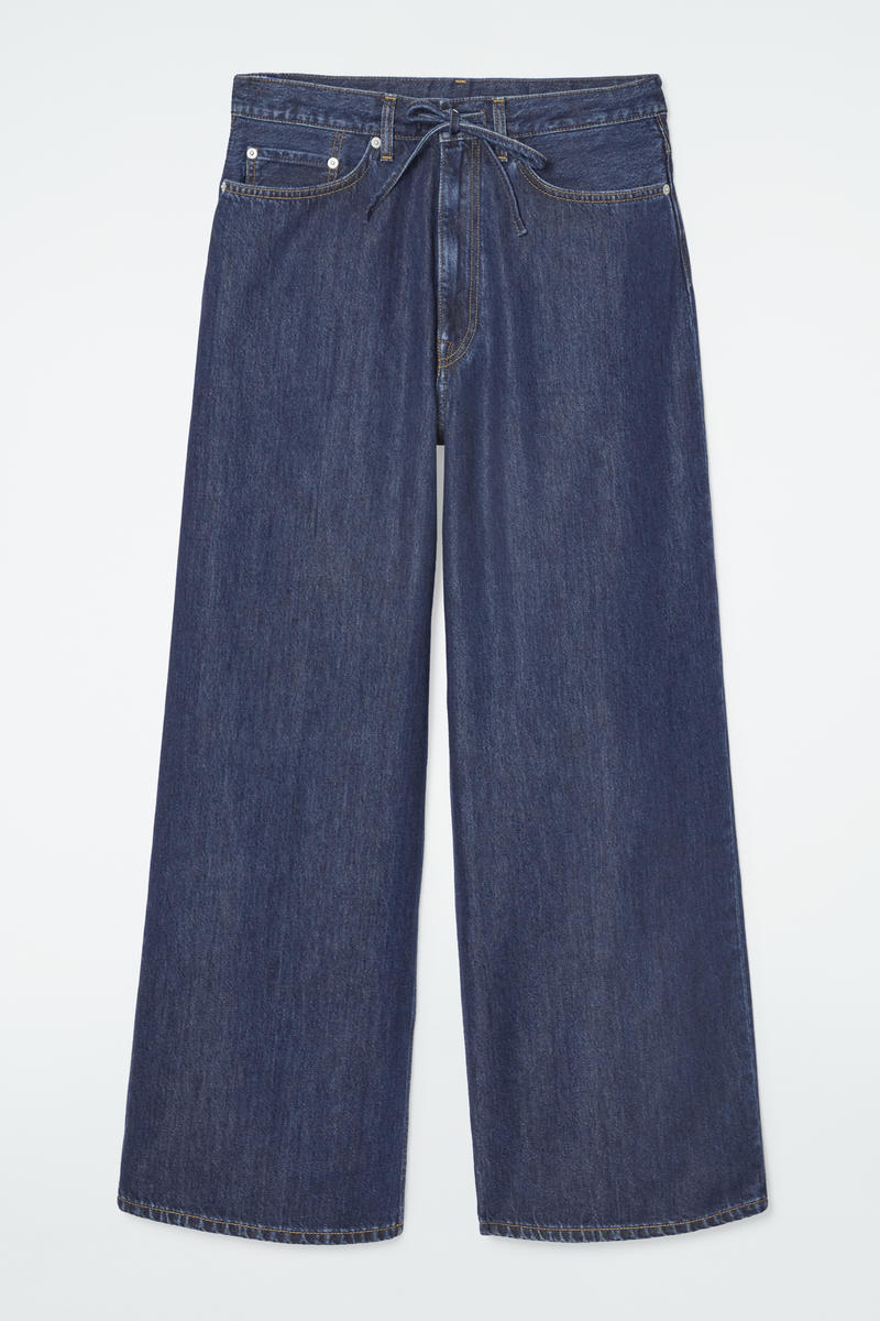 Wide-Leg Drawstring Denim Trousers in Blue