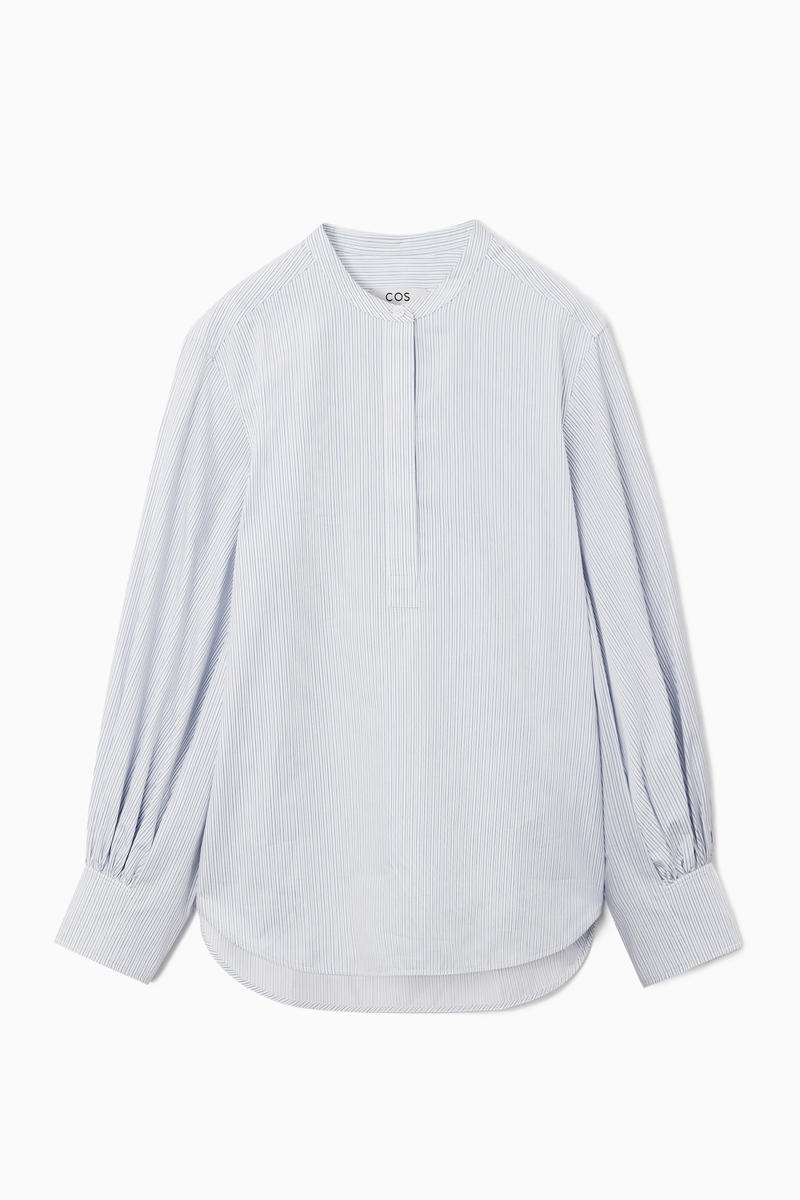 Gathered Grandad-Collar Blouse in Blue