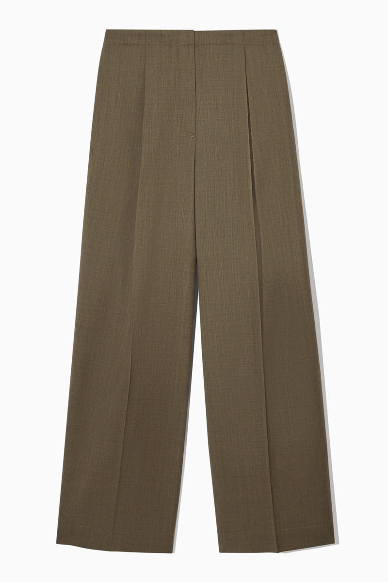 Pleated Wide-Leg Wool Trousers in Brown