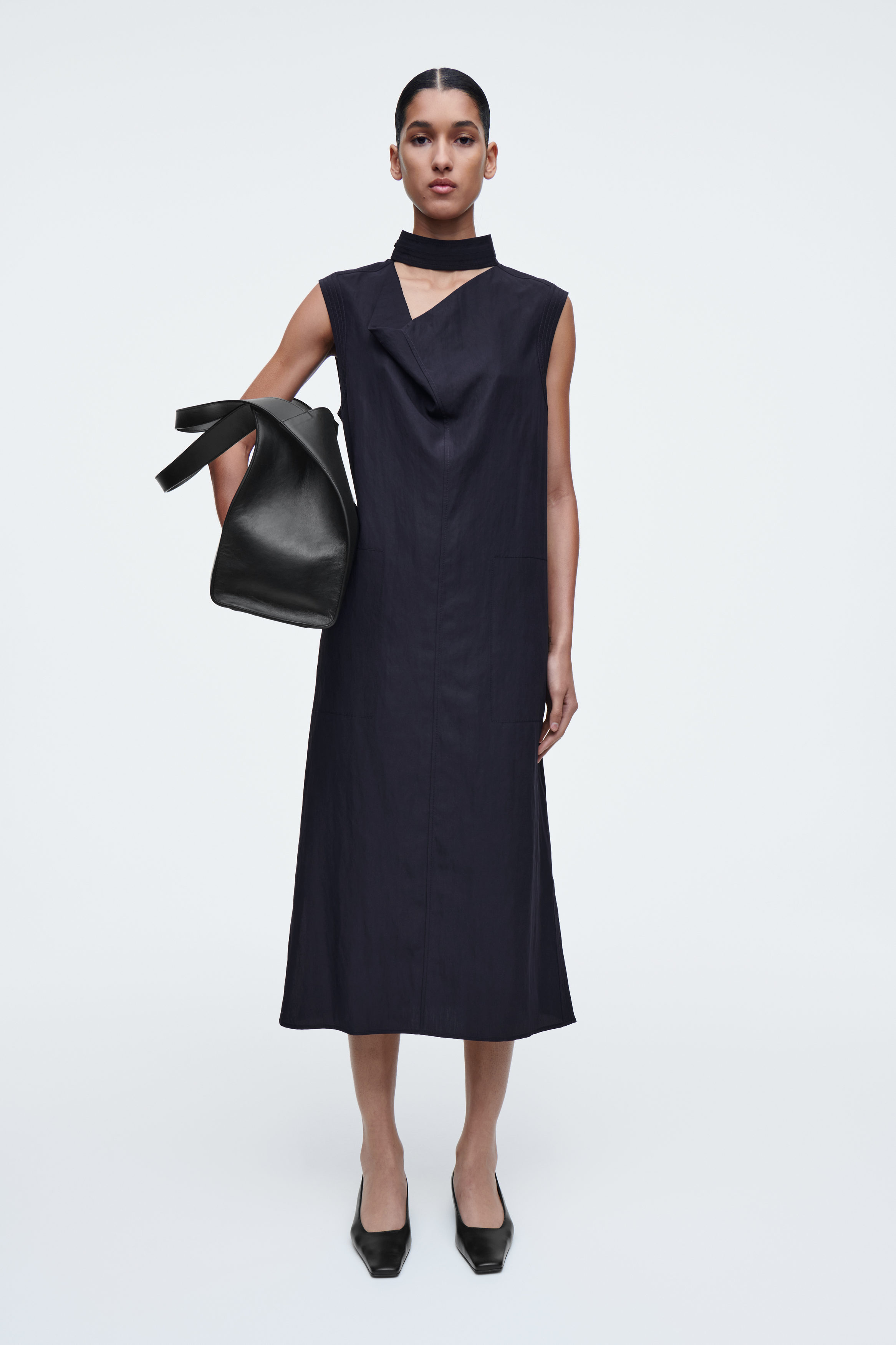 CUTOUT COWL-NECK MIDI DRESS