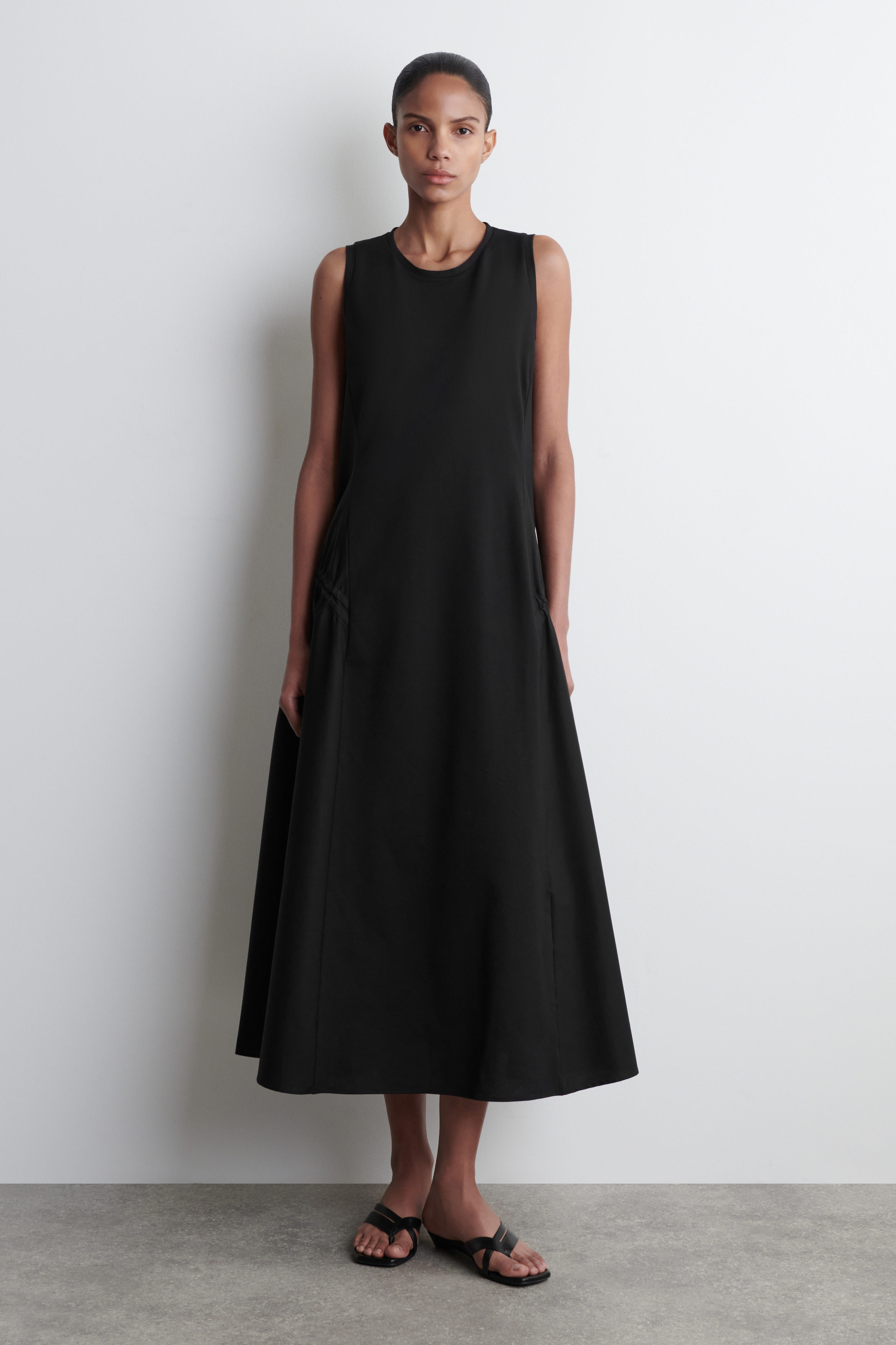 PANELED GATHERED-SIDE MIDI DRESS - BLACK | COS