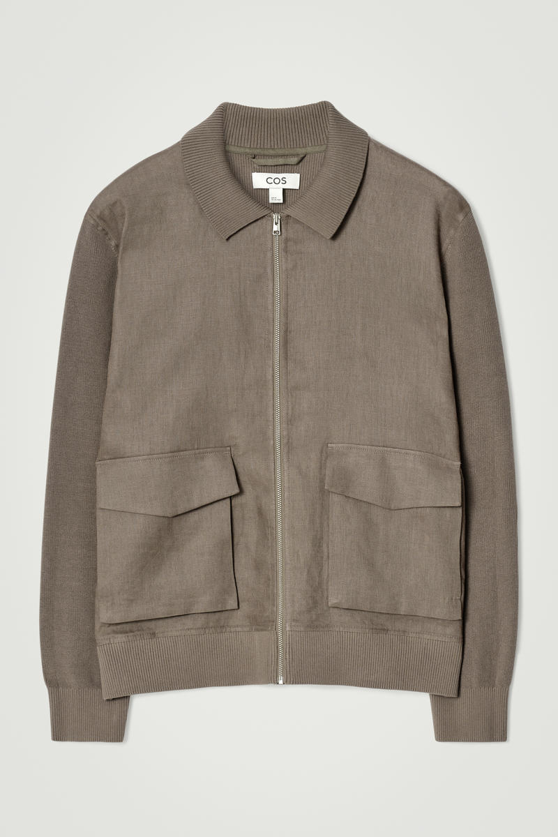 Knitted-Panel Linen Jacket in Beige