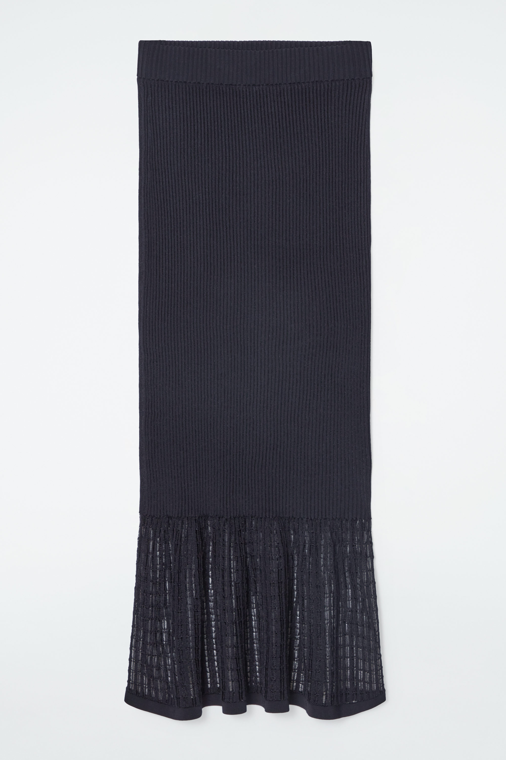 LACE-STITCH RIBBED-KNIT MIDI SKIRT