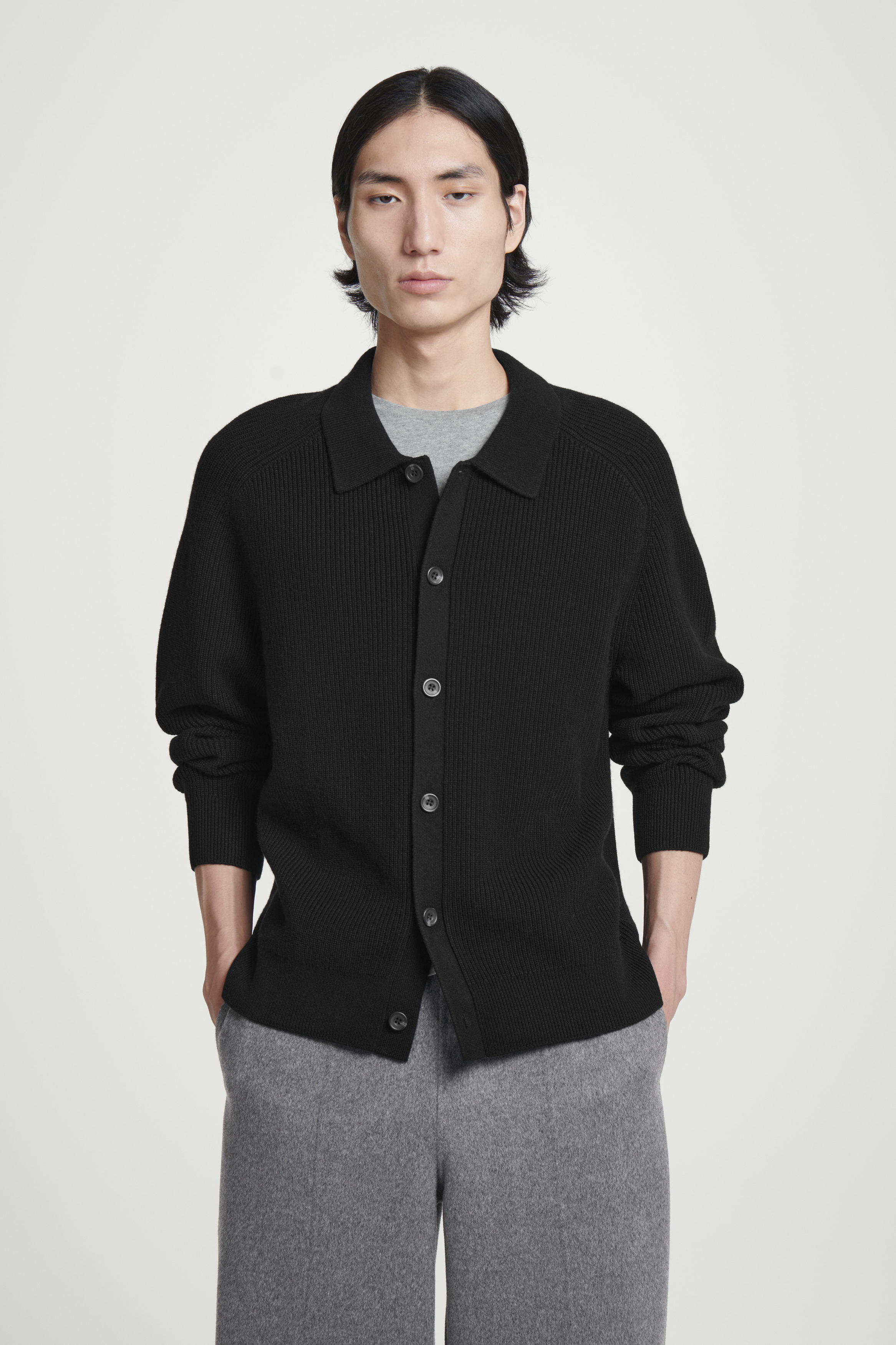 COLLARED RIBBED WOOL-CASHMERE CARDIGAN - BLACK | COS