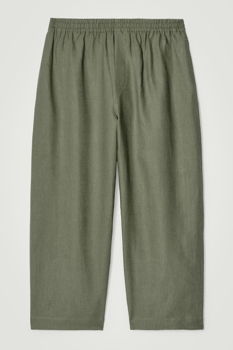 Elasticated Linen Wide-Leg Trousers in Green