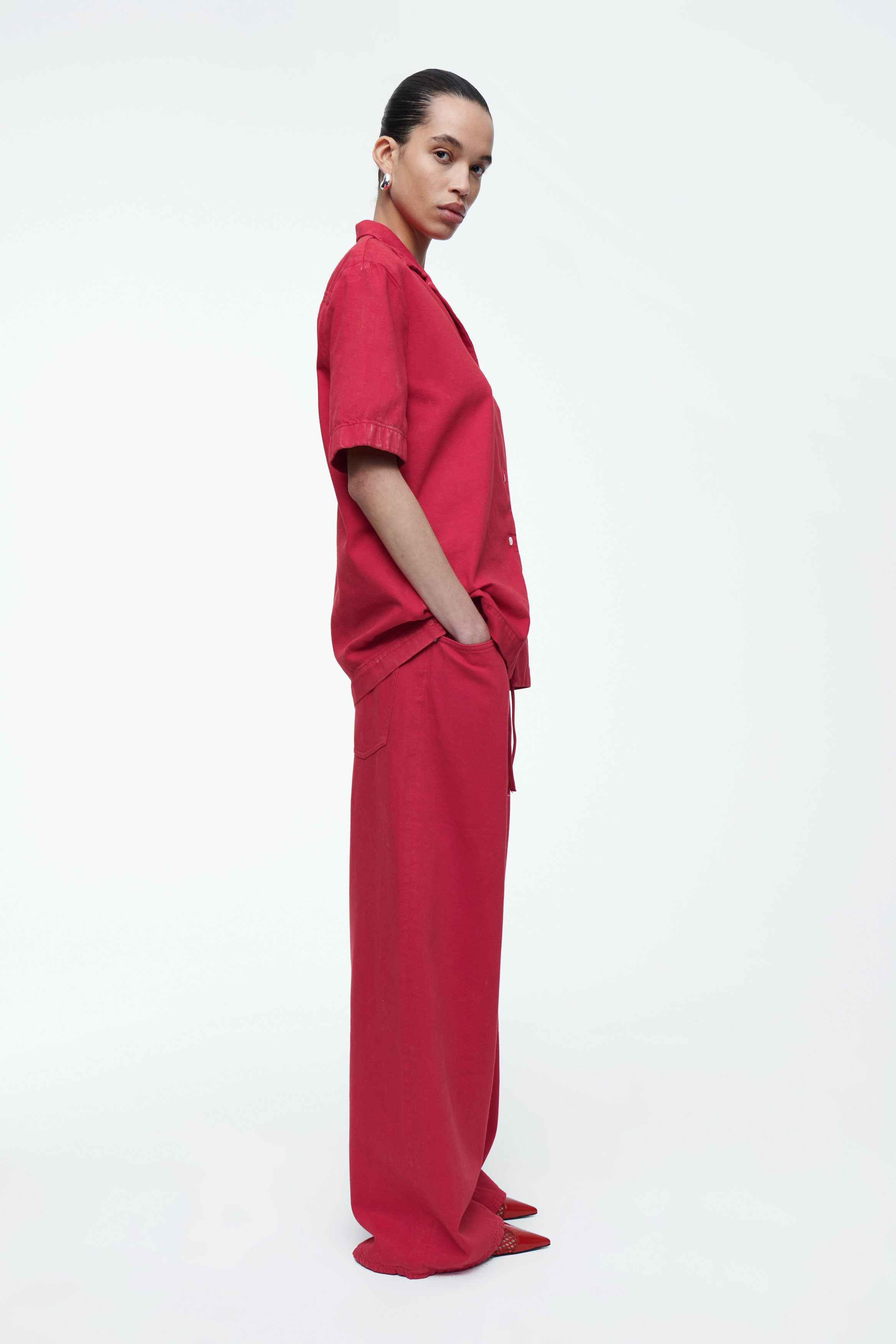 WIDE-LEG DRAWSTRING DENIM TROUSERS - RED