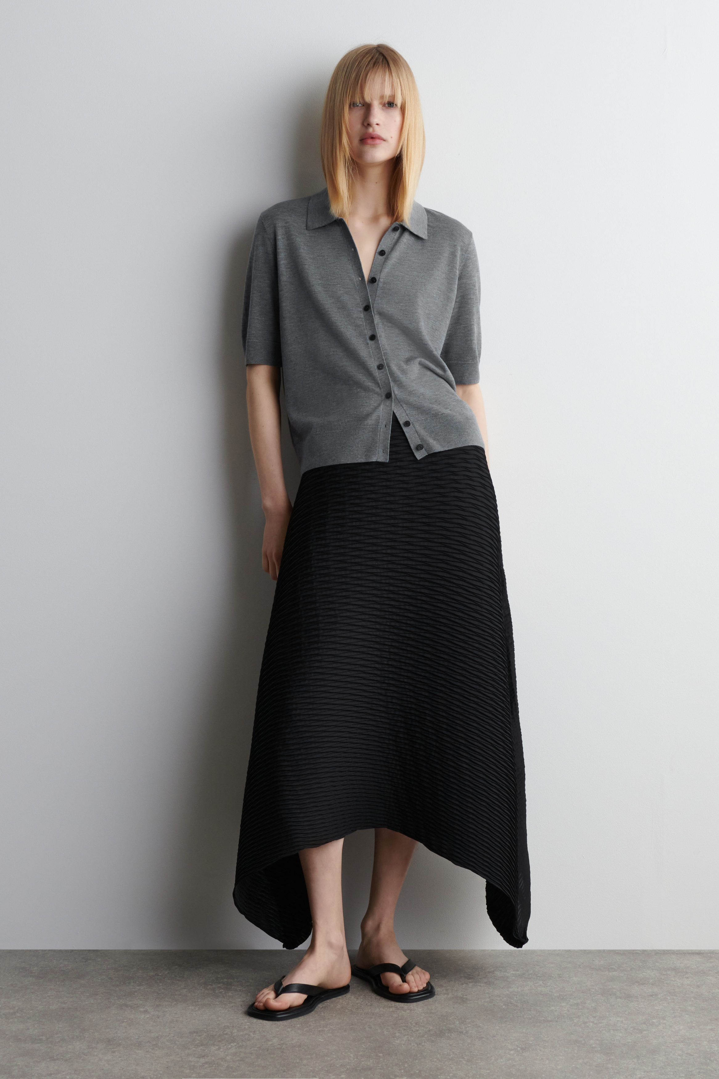 MERINO WOOL-BLEND POLO CARDIGAN - GRAY MÉLANGE | COS