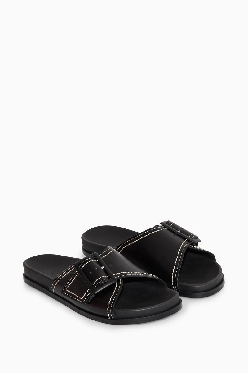 Contrast-Stitch Buckled Leather Slides