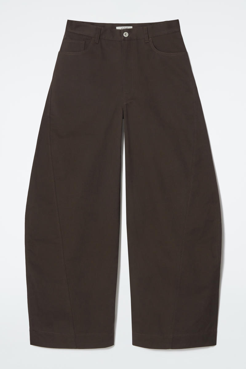 Deconstructed Cotton Barrel-Leg Trousers in Brown