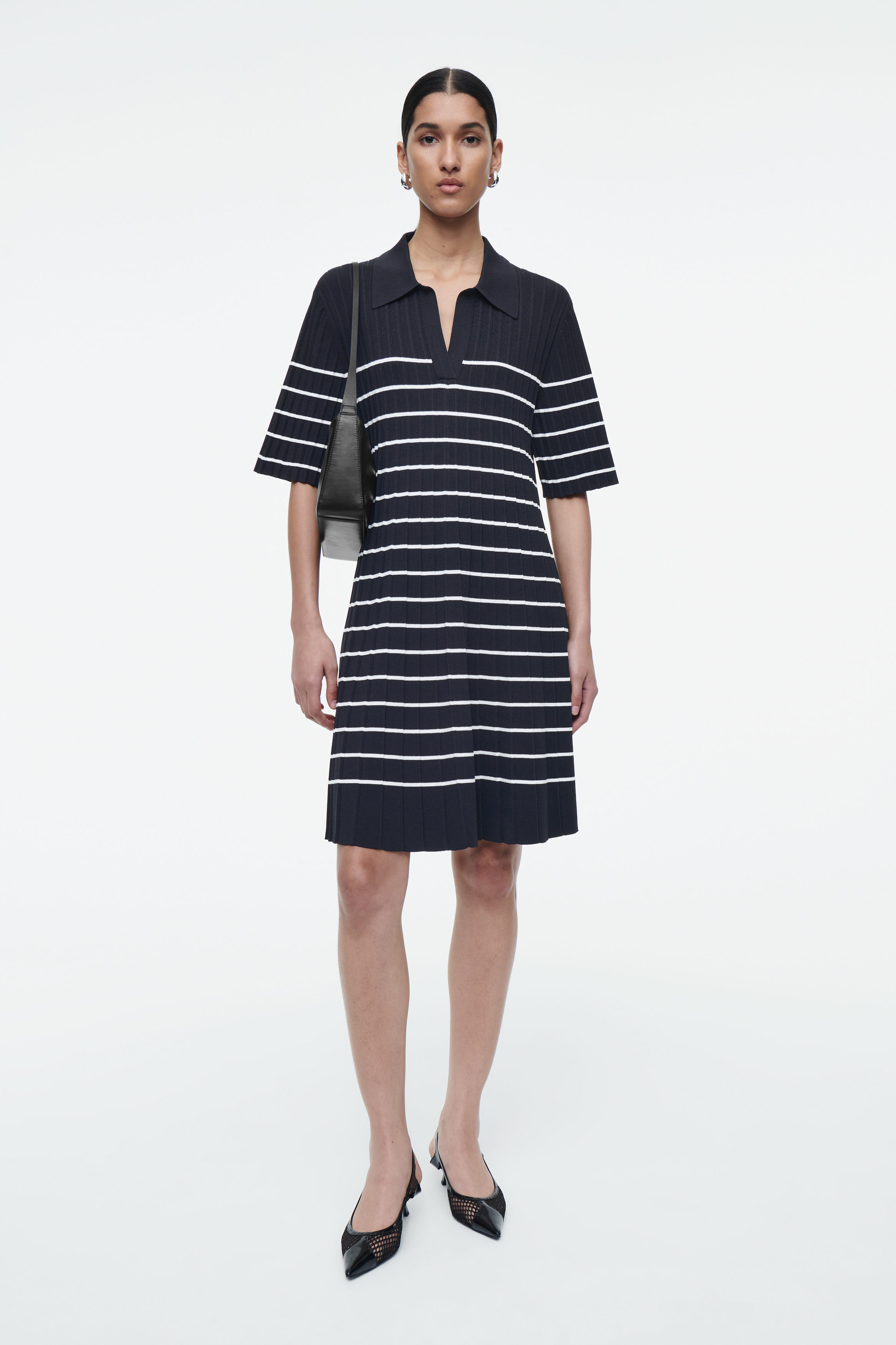 STRIPED KNITTED MINI POLO DRESS - NAVY / STRIPED
