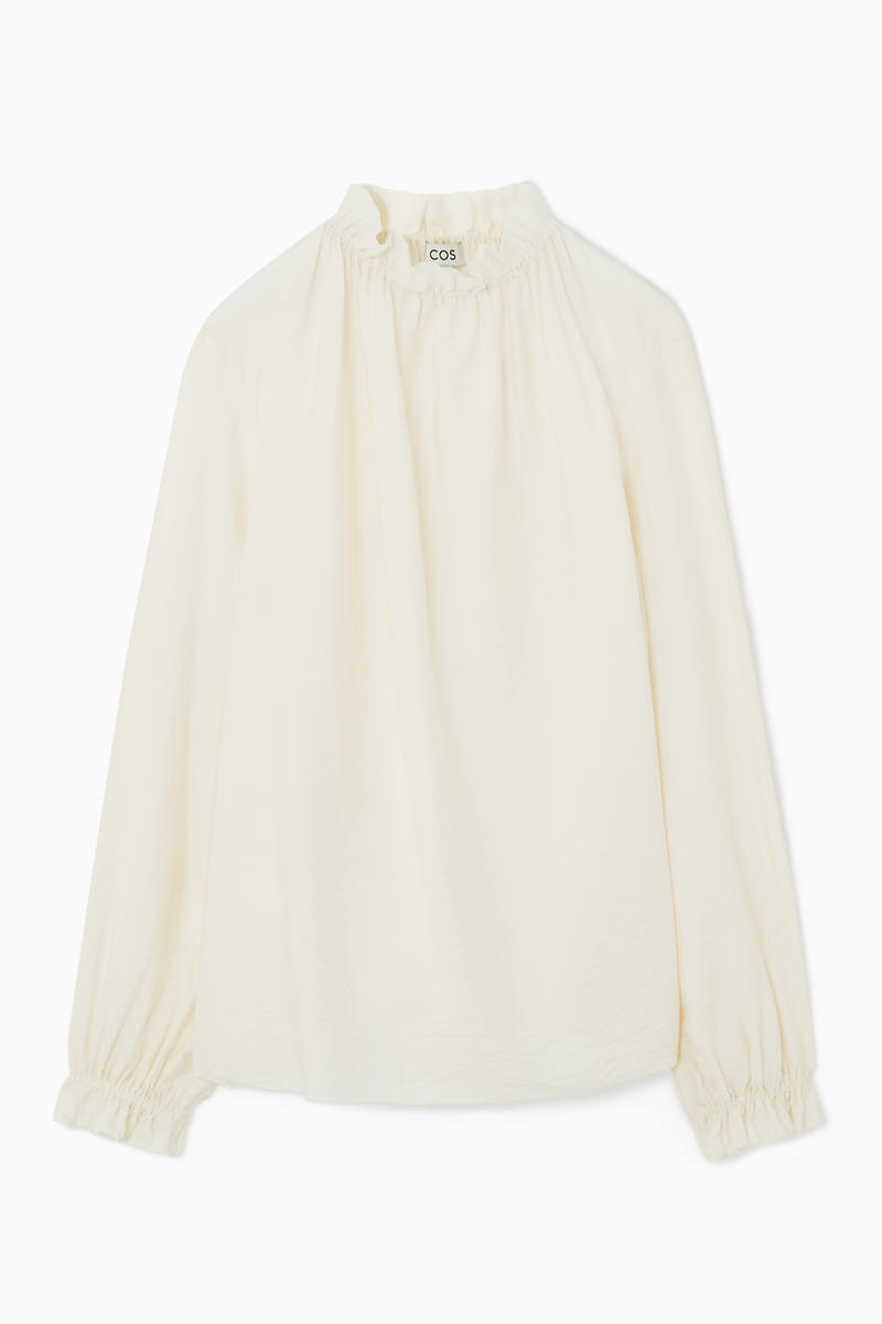 Ruffled High-Neck Blouse in Beige