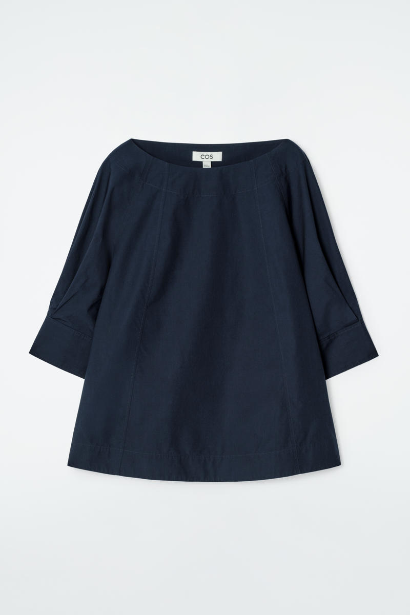 Voluminous Boat-Neck Cotton Blouse in Navy