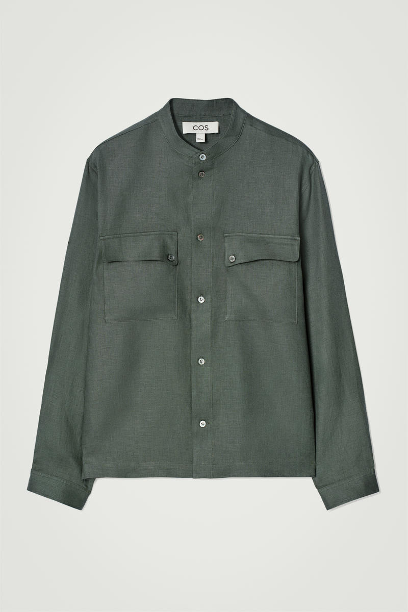 Grandad-Collar Linen Overshirt in Green