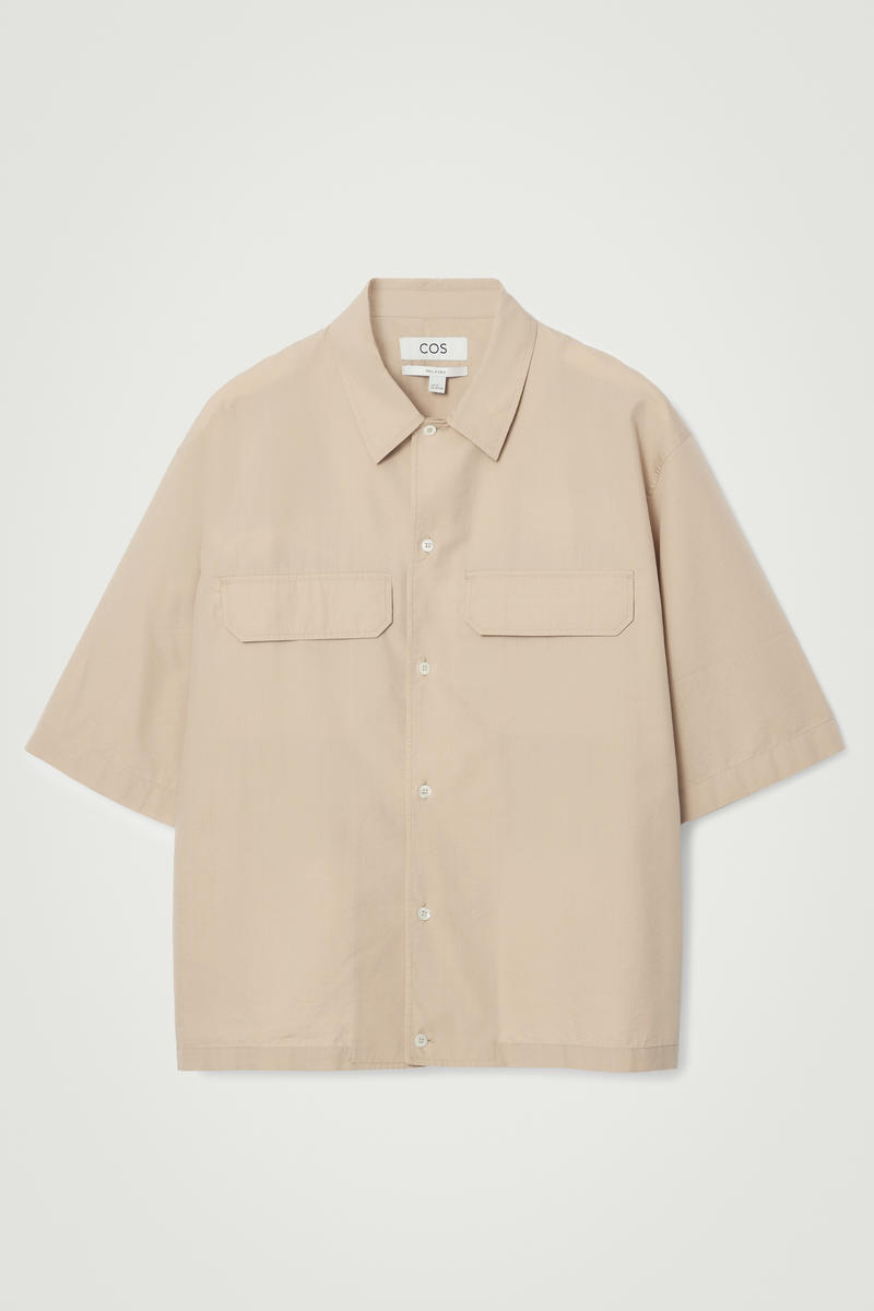 Relaxed Flap-Pocket Utility Shirt in Beige