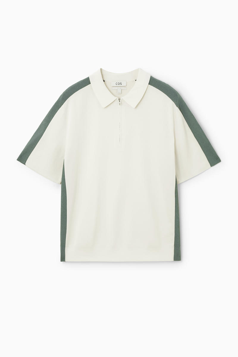 Colour-Block Half-Zip Polo Shirt in Beige