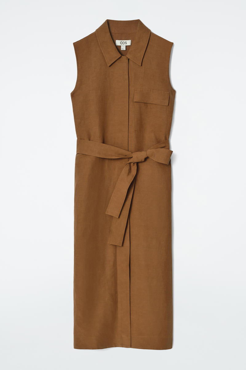 Sleeveless Utility Midi Shirt Dress in Beige