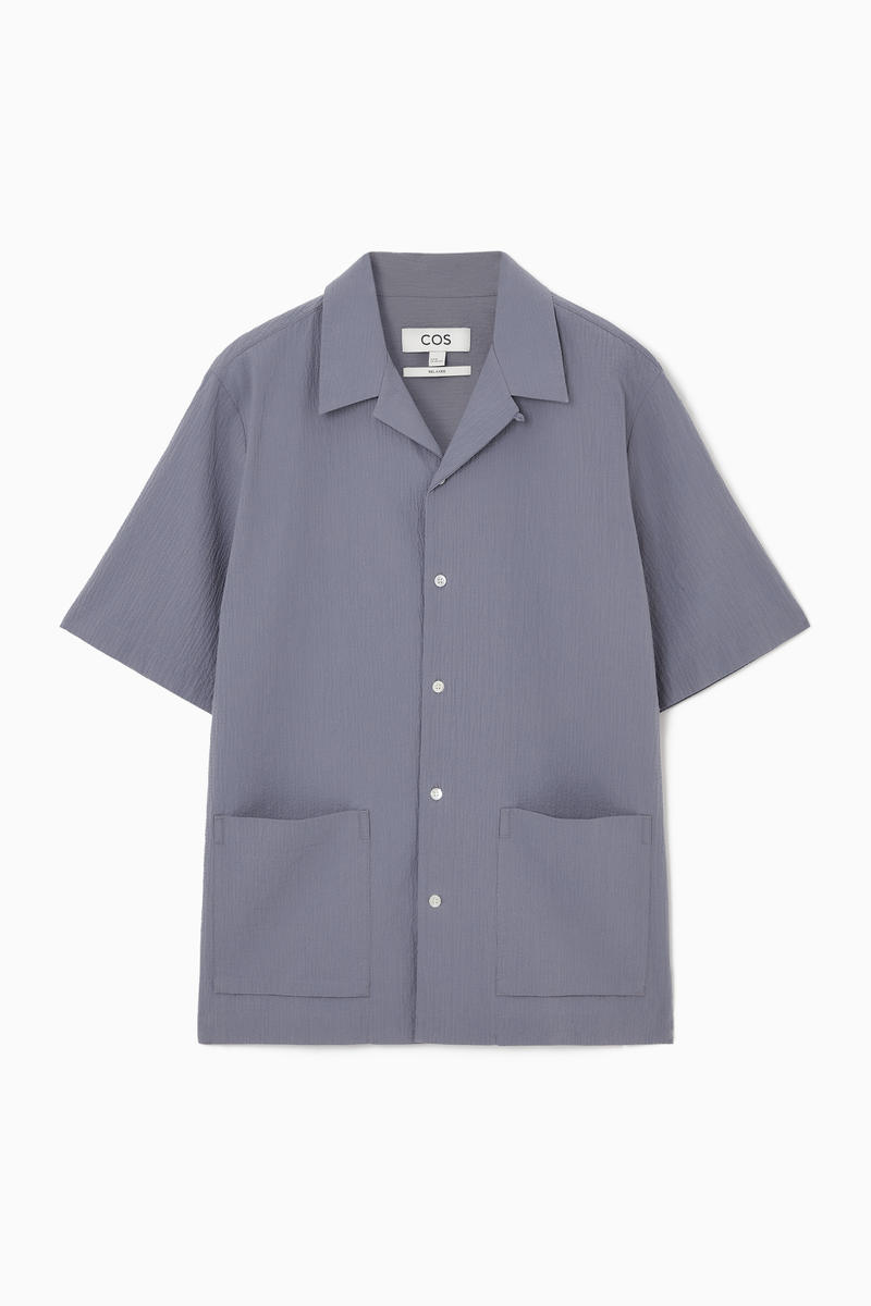 Regular Seersucker Cotton Short-Sleeved Shirt in Blue