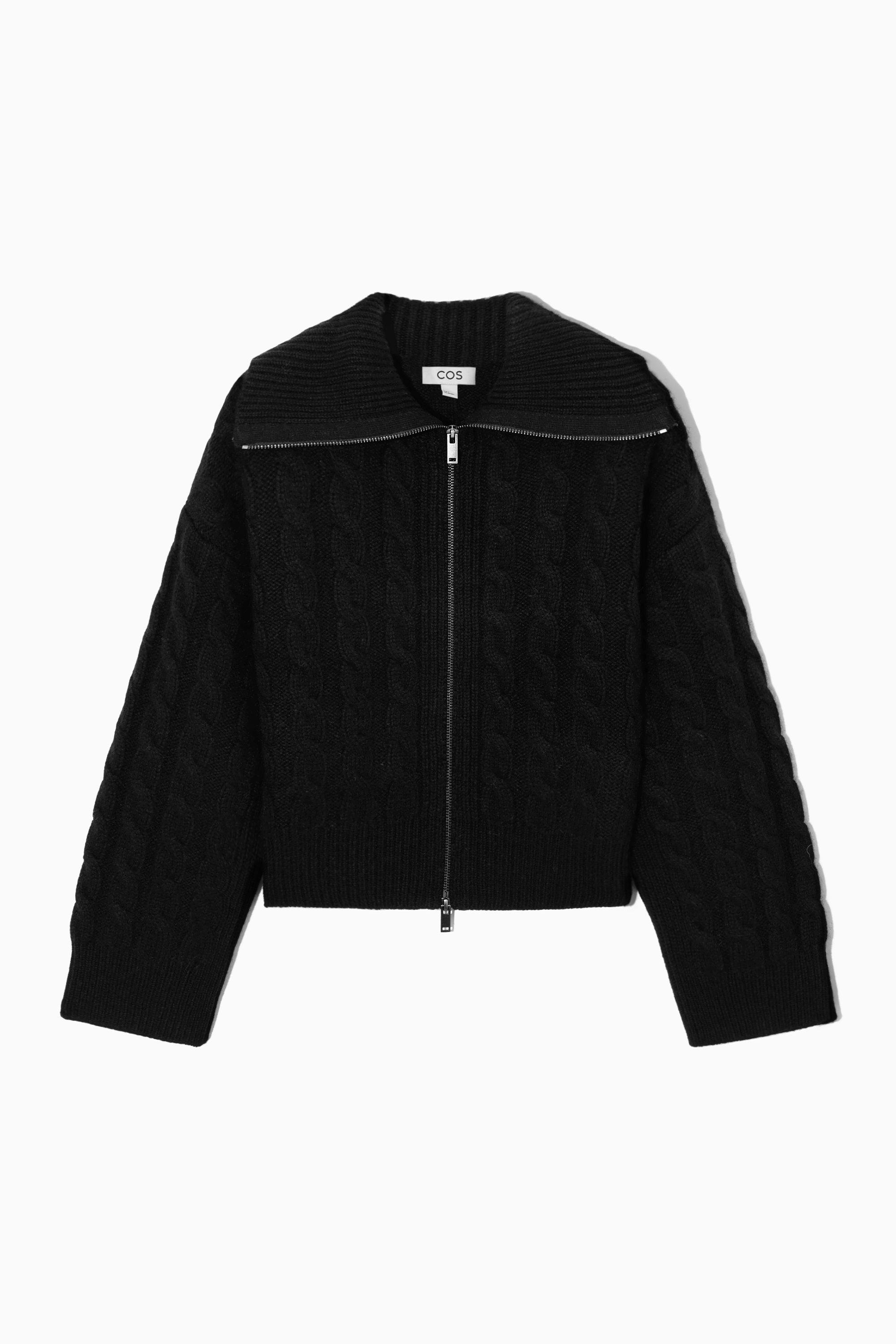 お歳暮 人気 ZIP-UP WOOL CABLE-KNIT JACKET BLACK - ジャケット・アウター