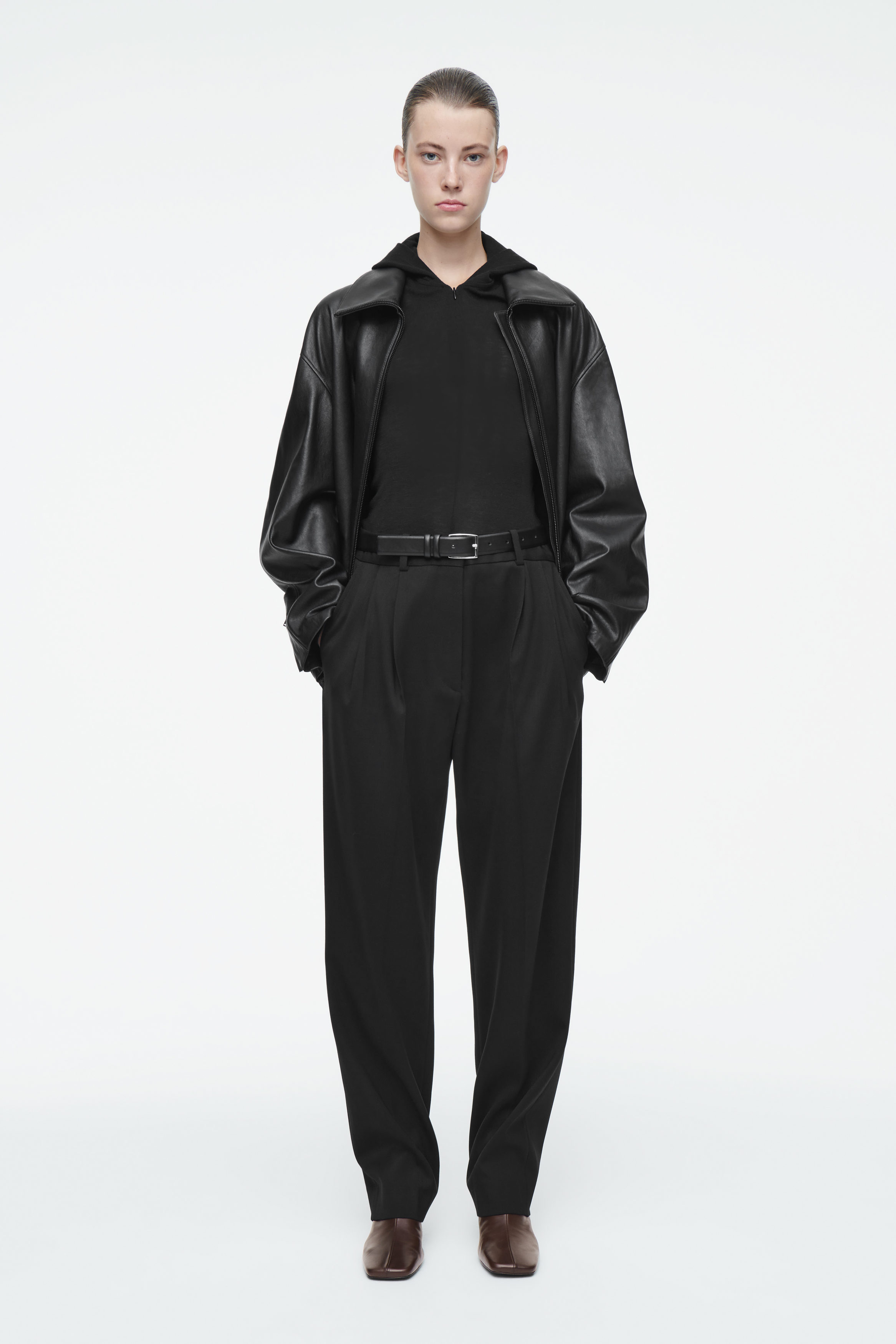 LEATHER-TRIMMED WOOL SCARF COAT - BLACK
