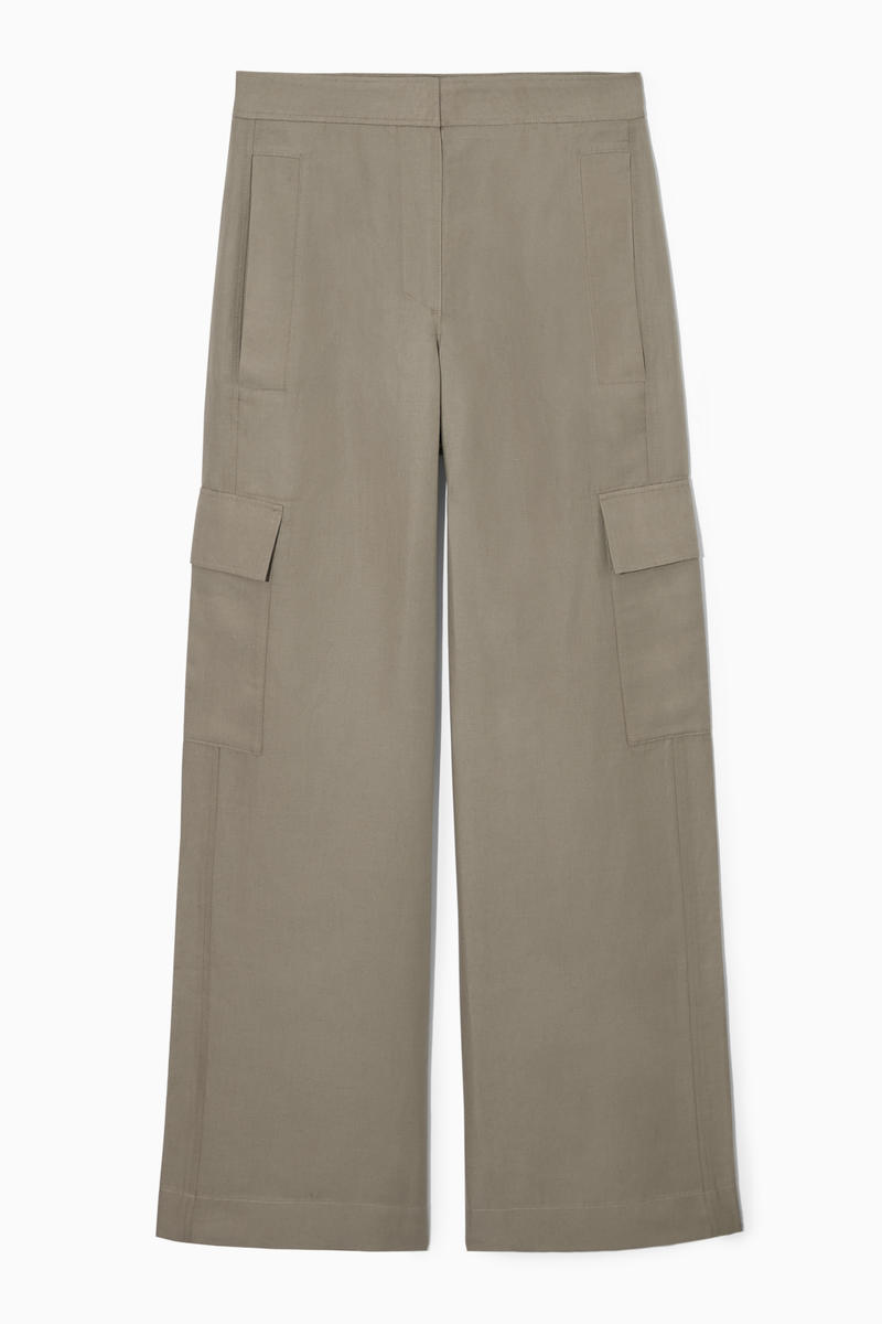 Wide-Leg Linen-Blend Cargo Trousers in Beige