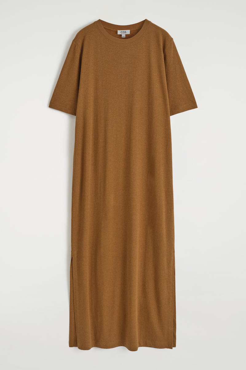 Cotton-Linen Maxi T-Shirt Dress in Beige