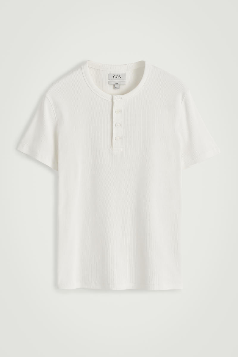Cos Slim-fit Ribbed Henley T-shirt In Blanc
