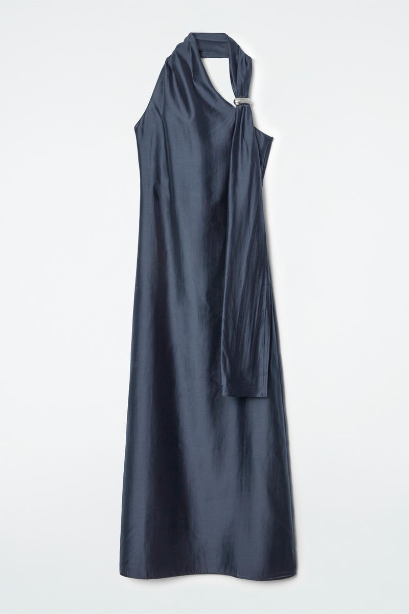 Asymmetric Brooch-Detail Maxi Dress