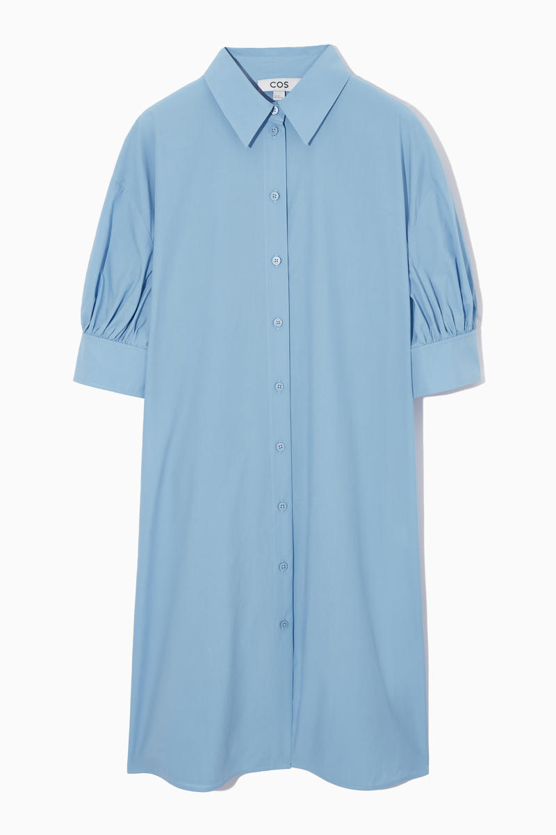 Cos Gathered-sleeve Mini Shirt Dress In Blue