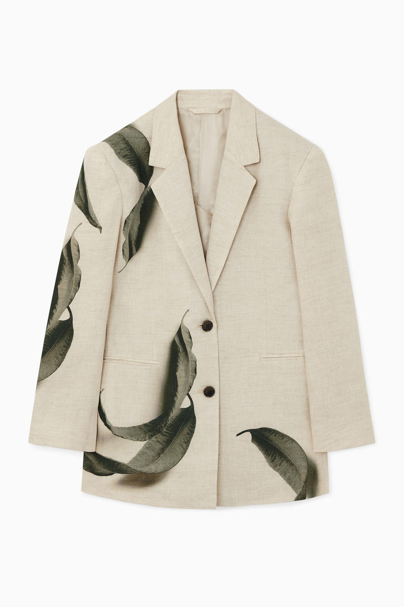 Regular Leaf-Print Linen Blazer in Beige