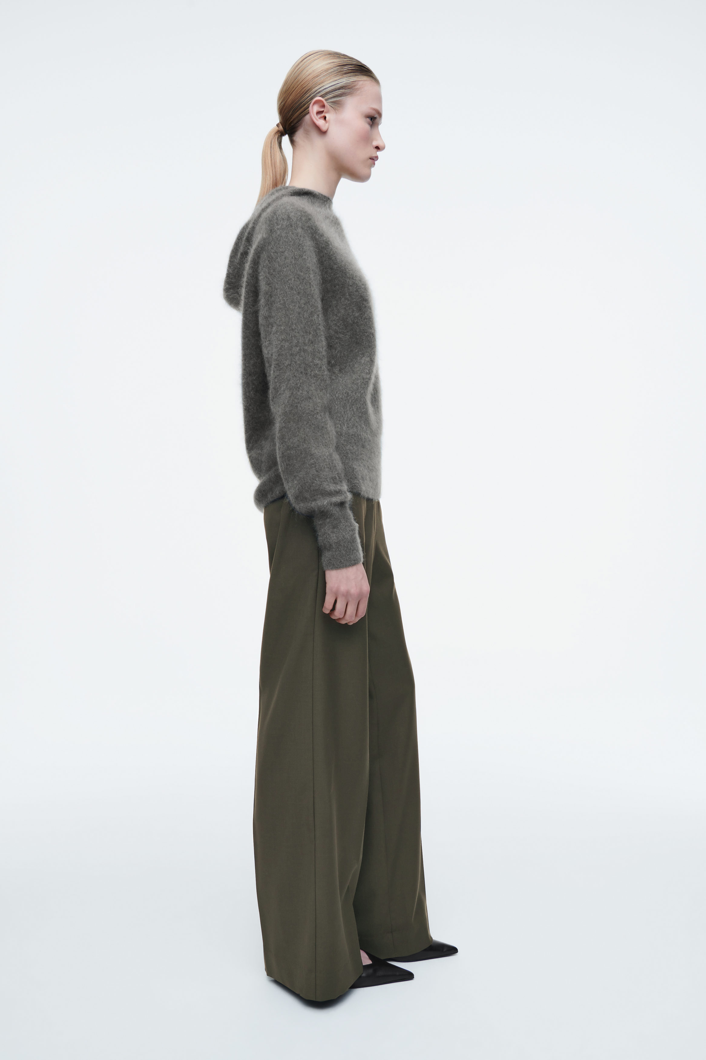 REGULAR ELASTICATED WOOL STRAIGHT-LEG TROUSERS - DARK KHAKI