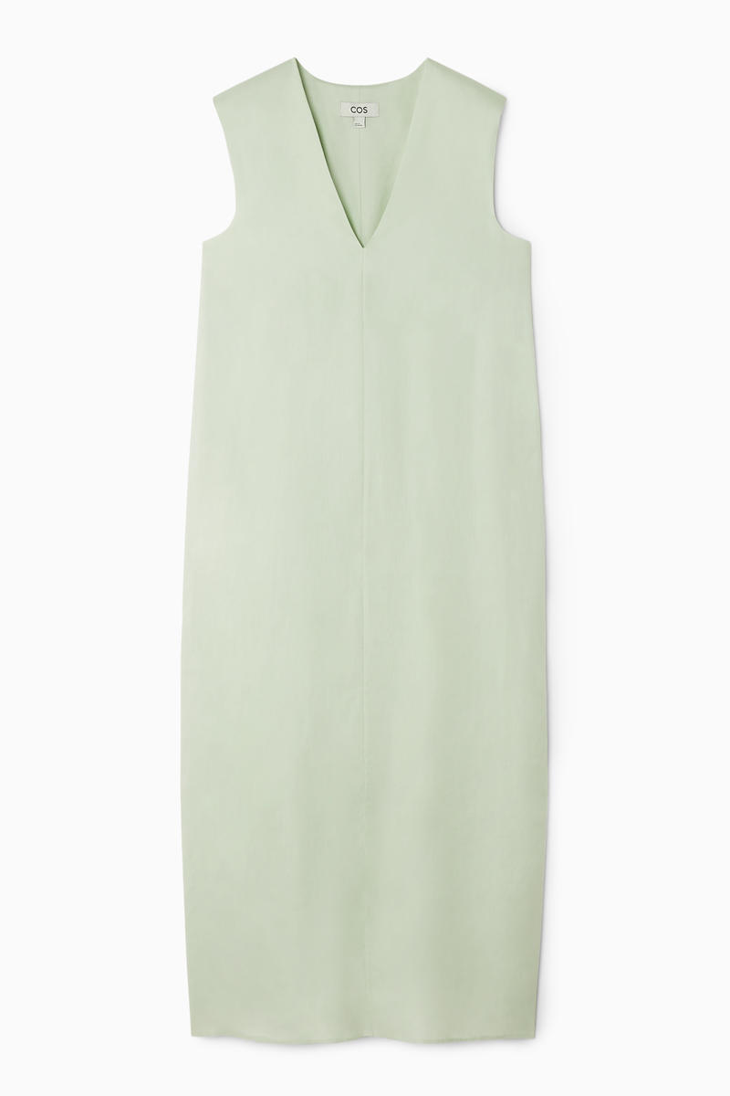 V-Neck Linen-Blend Dress in Green