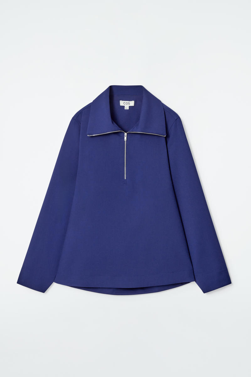 Wool-Blend Half-Zip Blouse in Blue