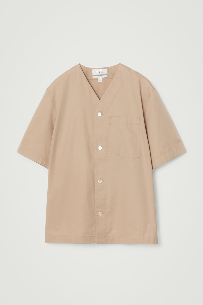 Collarless V-Neck Shirt in Beige