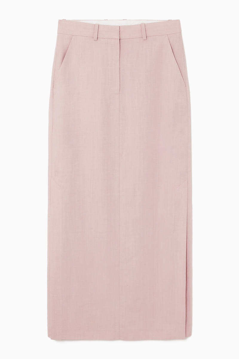 Tailored Linen-Blend Maxi Skirt in Pink