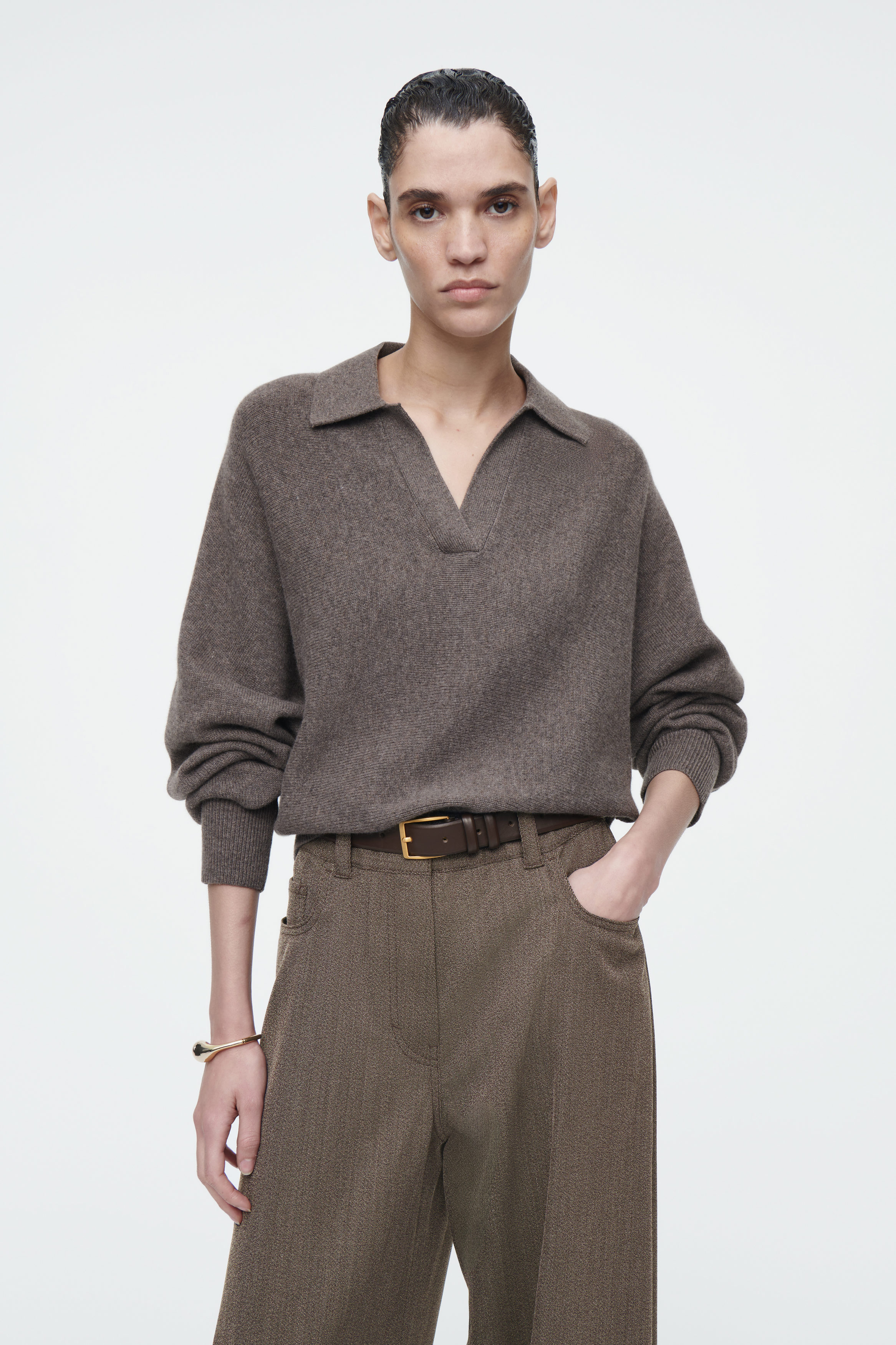 BATWING-SLEEVE WOOL POLO SWEATER - BROWN | COS