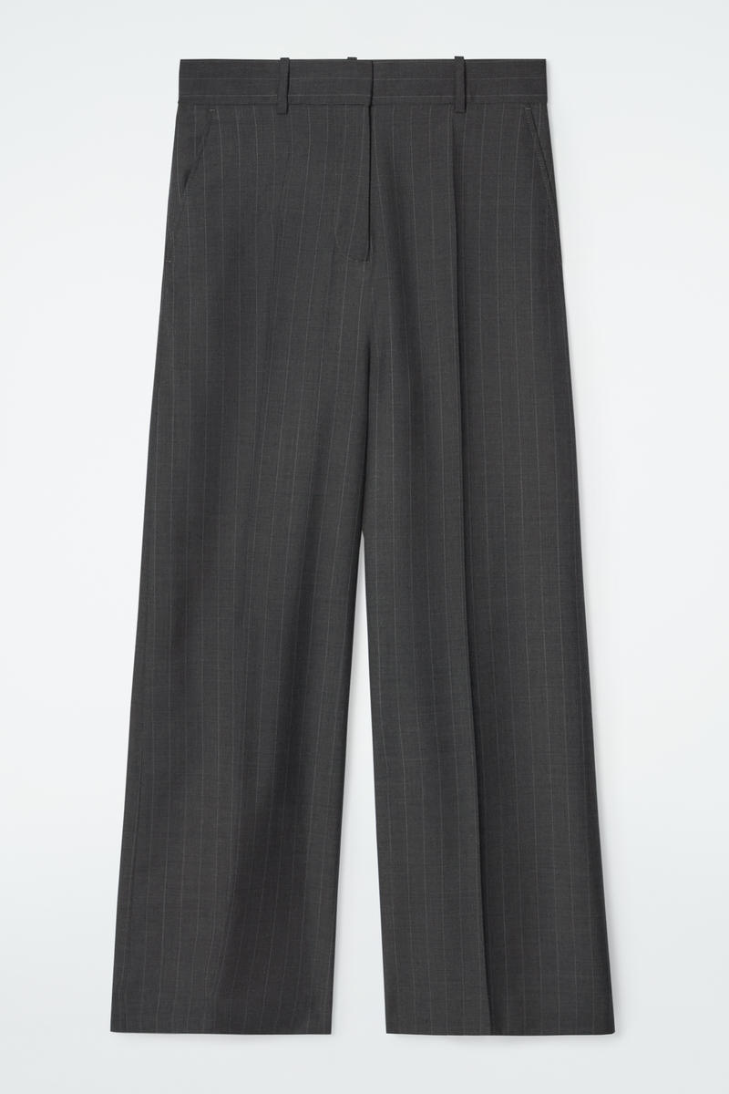 Wide-Leg Pinstriped Wool Trousers in Grey