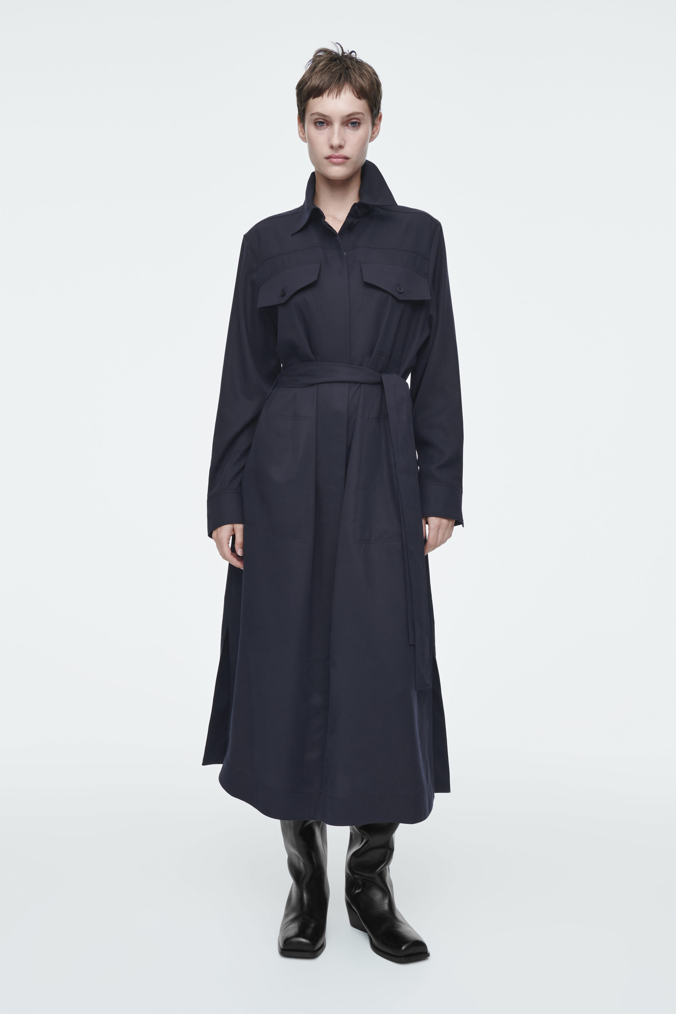 BELTED MIDI SHIRT DRESS - NAVY