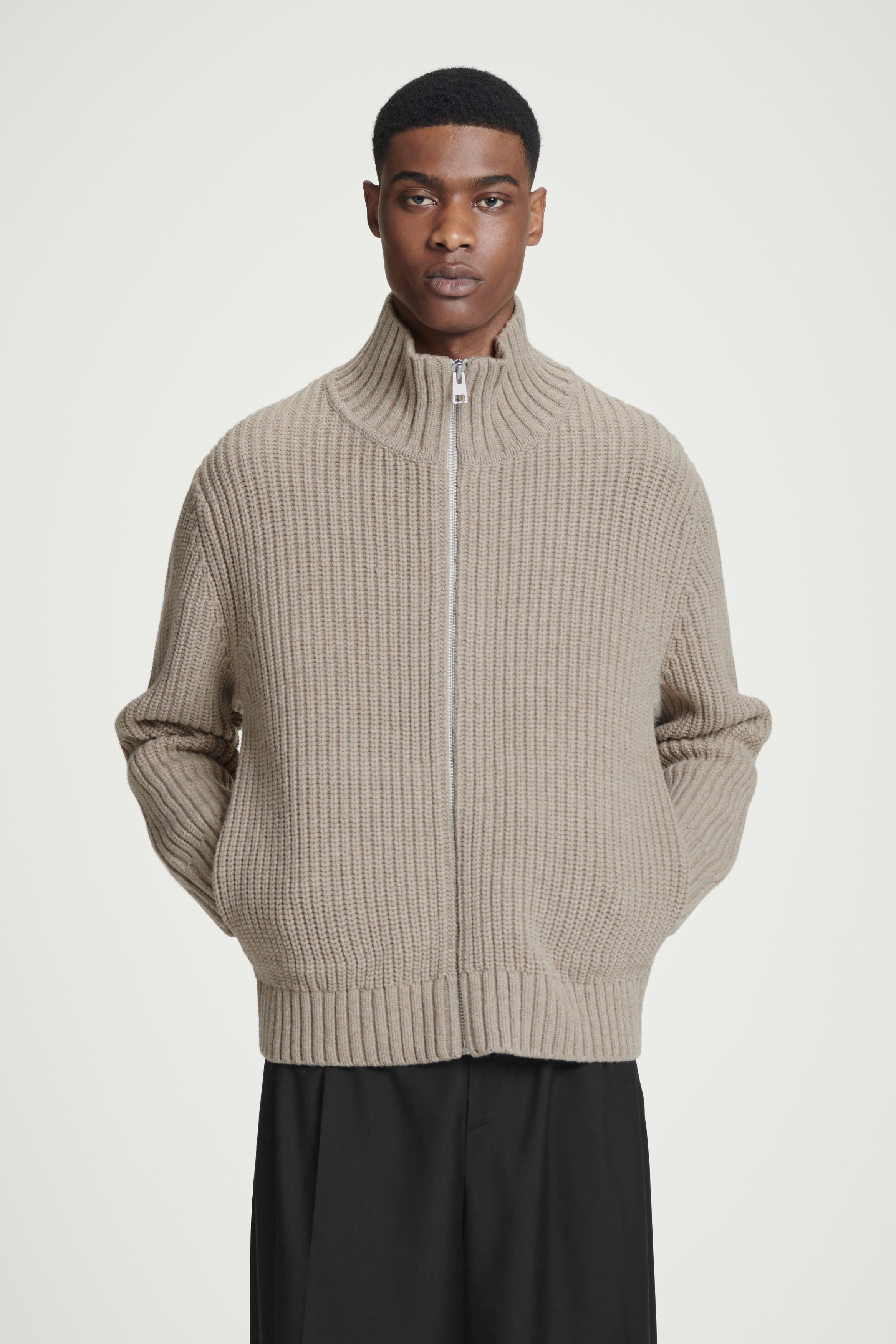 FUNNEL-NECK KNITTED WOOL JACKET - BEIGE | COS
