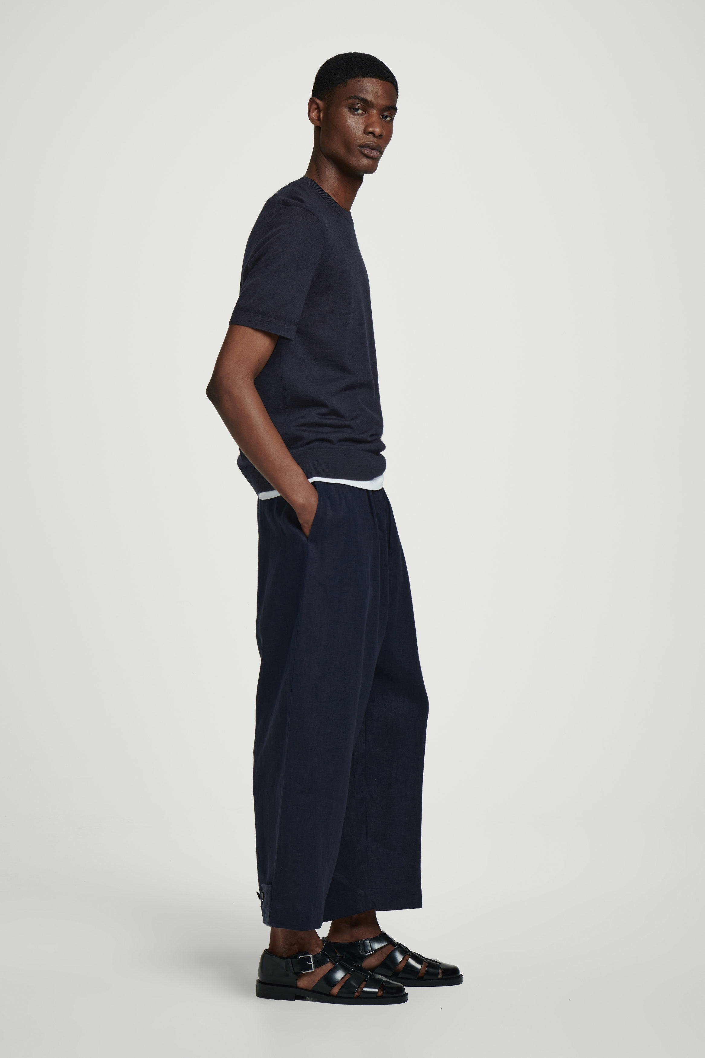 ELASTICATED LINEN WIDE-LEG PANTS - NAVY