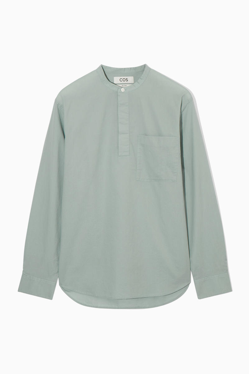 Grandad-Collar Half-Placket Shirt in Turquoise