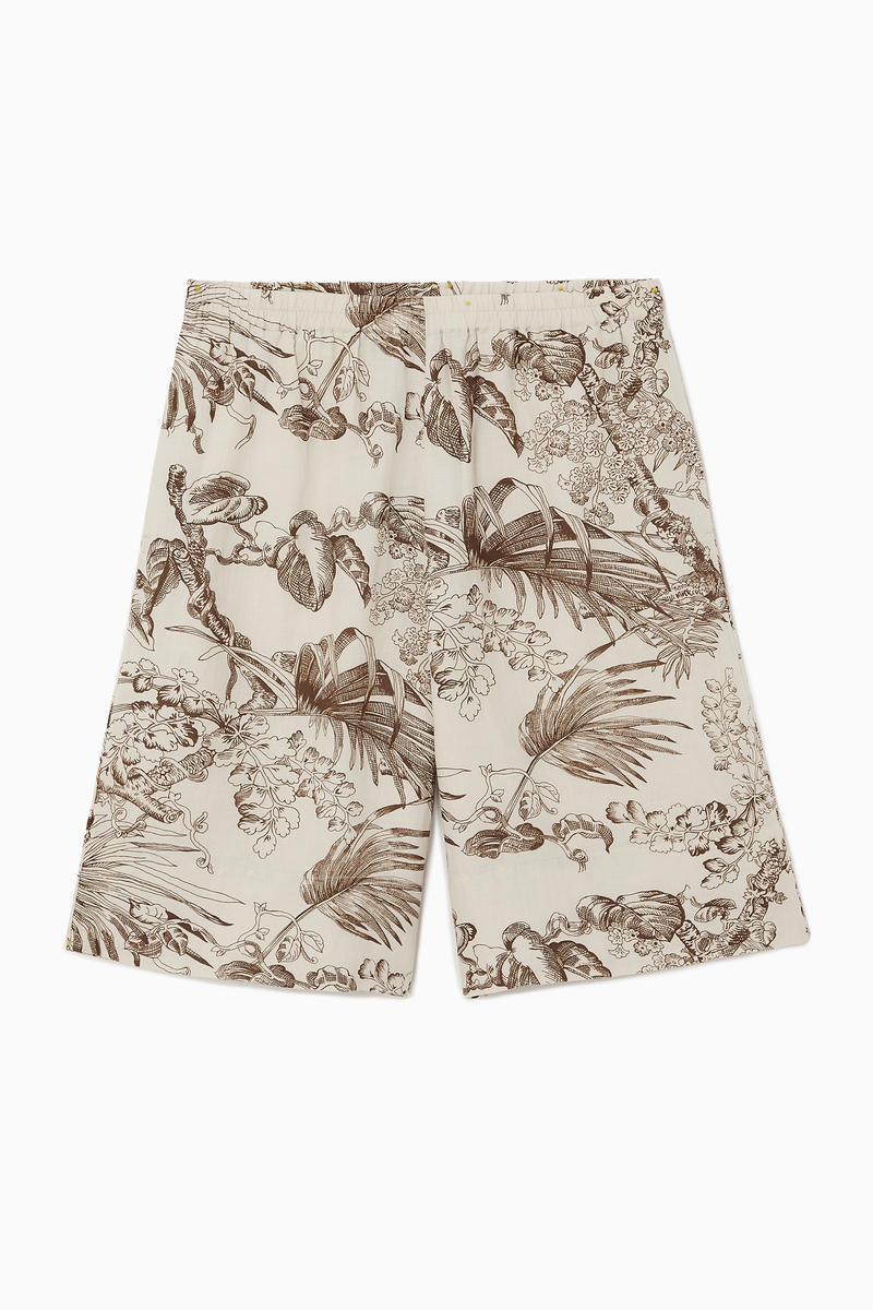 Botanical-Print Linen Shorts