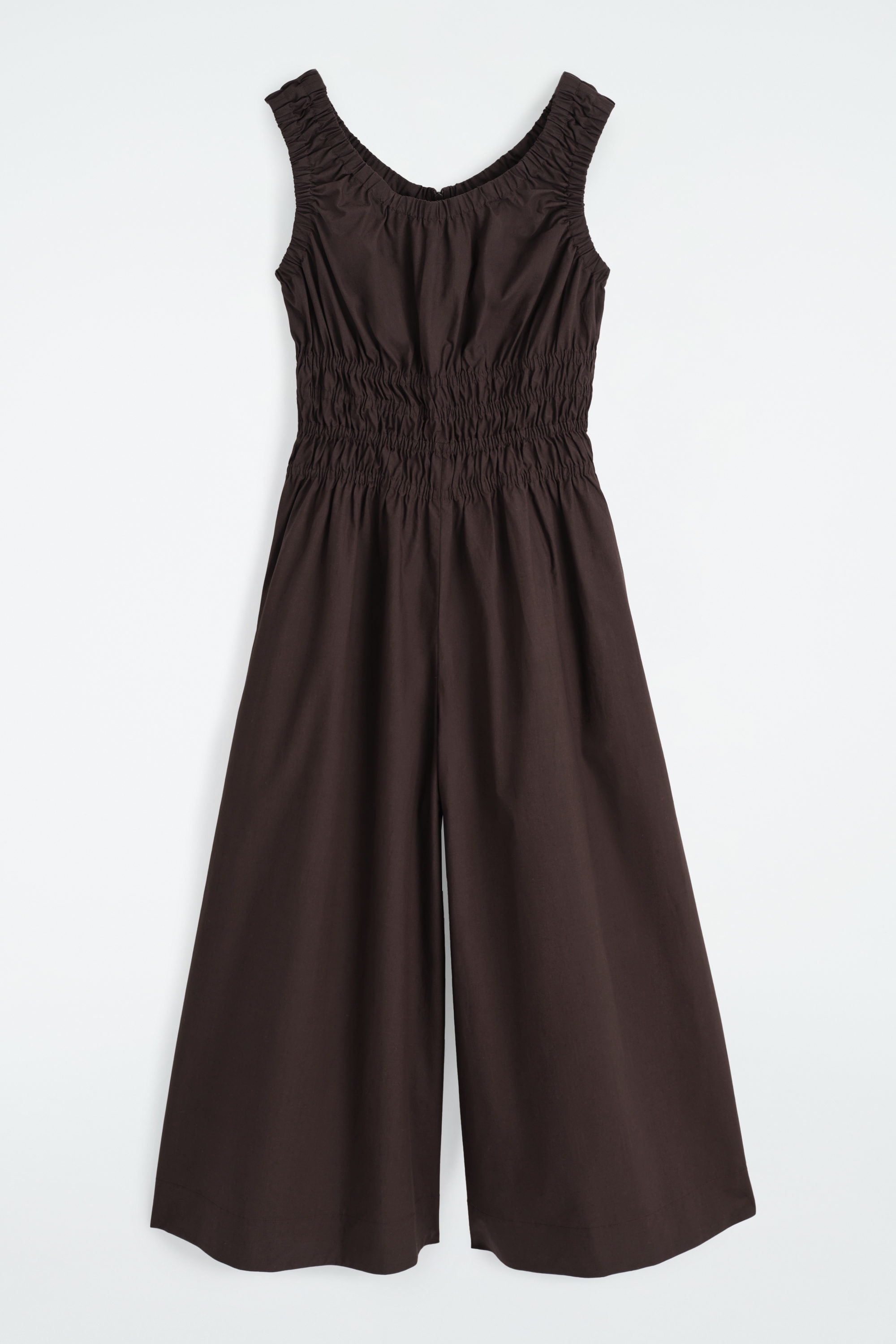 SHIRRED COTTON JUMPSUIT - BROWN