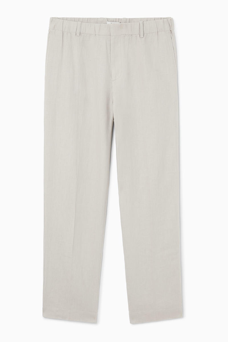 Relaxed Elasticated Linen Straight-Leg Trousers in Grey