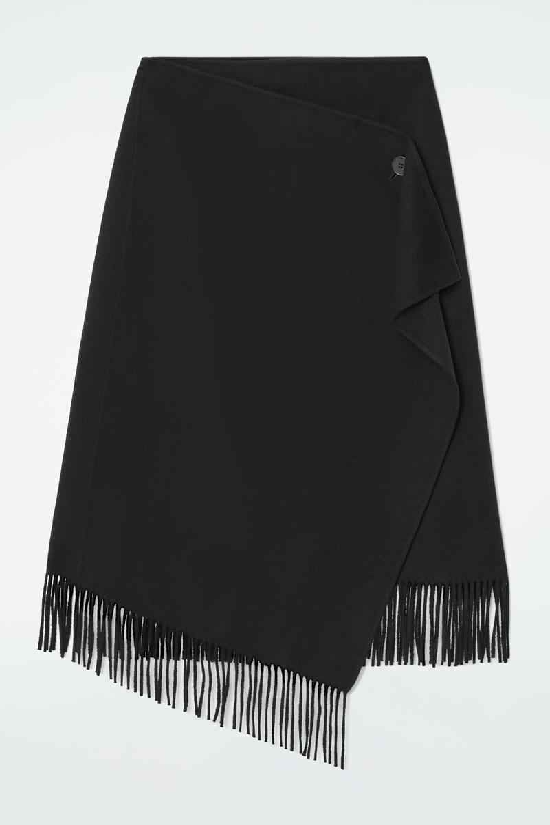 Fringed Wool Midi Wrap Skirt