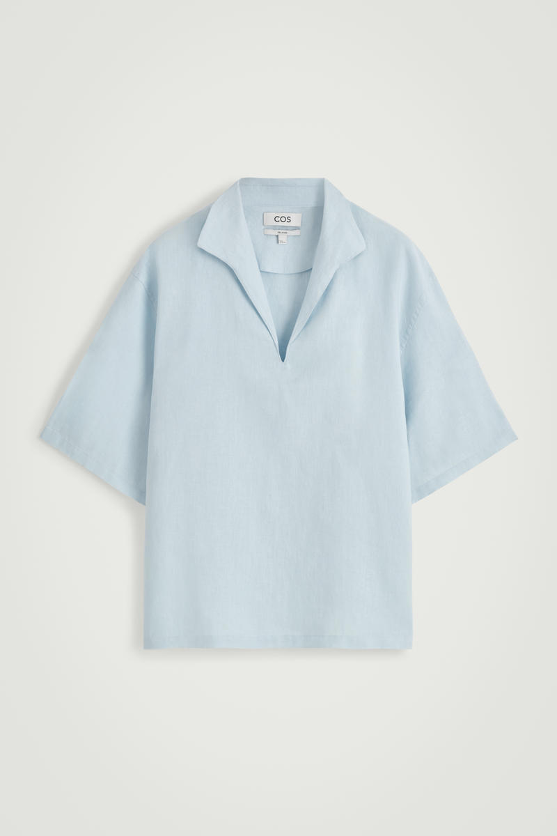 Open-Collar Linen Shirt in Light Blue