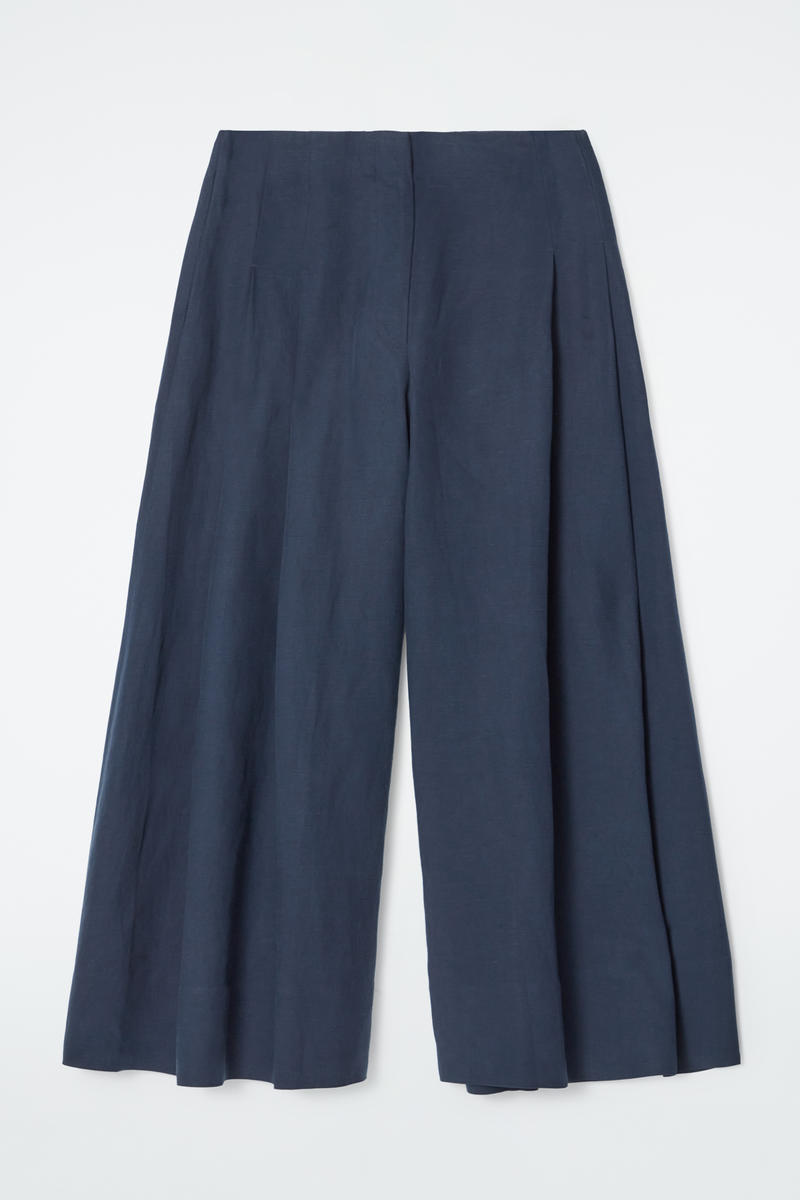 Pleated Linen-Blend Culottes in Blue