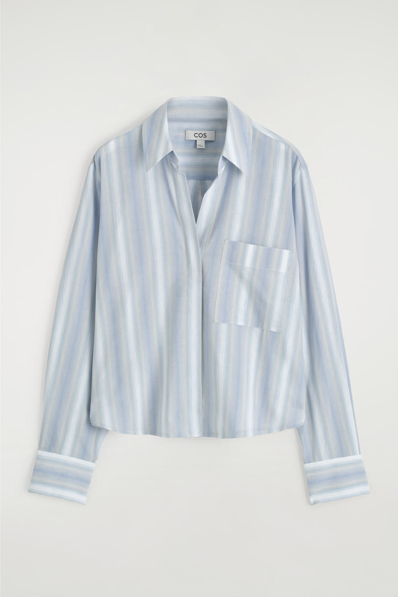 Cropped Striped Cotton Shirt in Blue