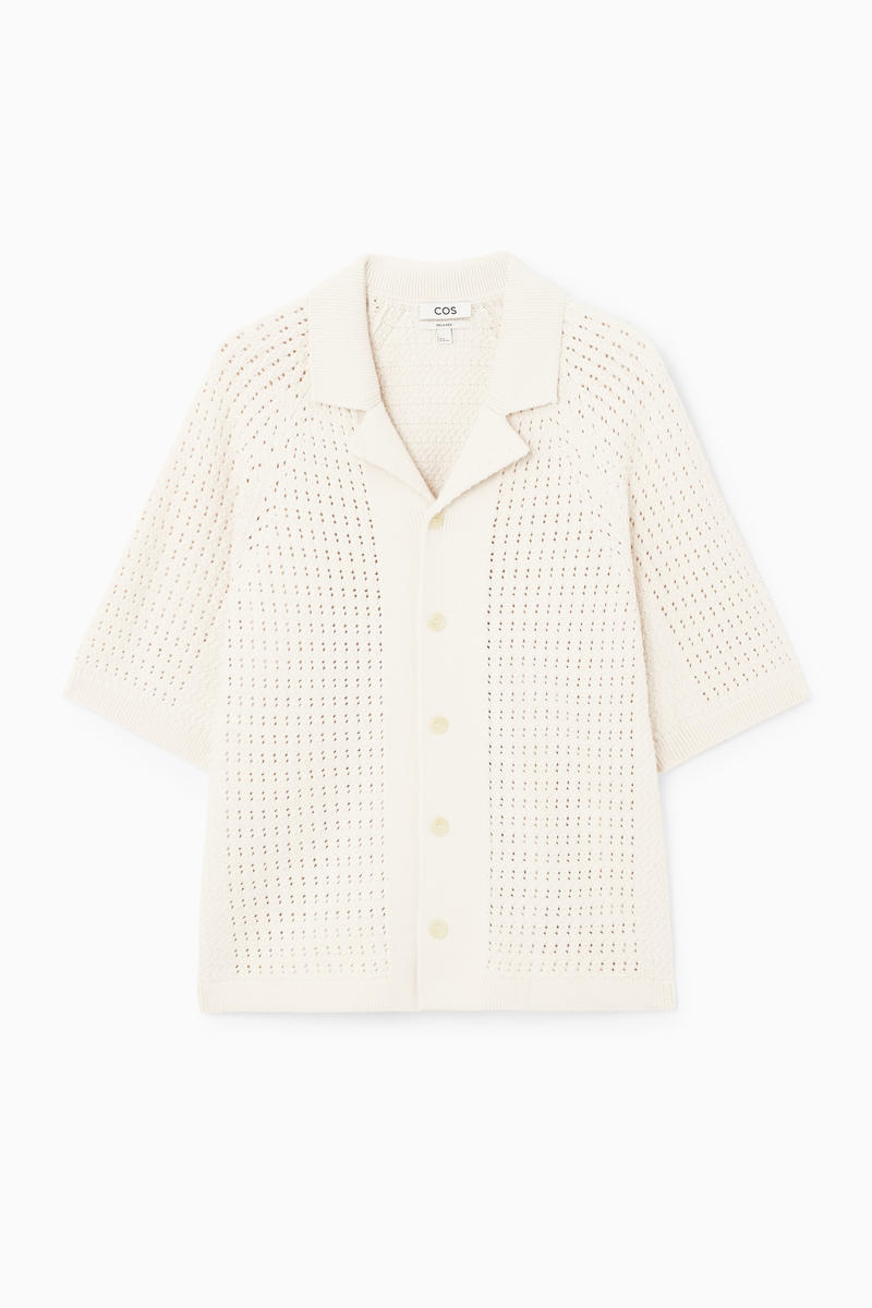 Camp-Collar Open-Knit Shirt in Beige