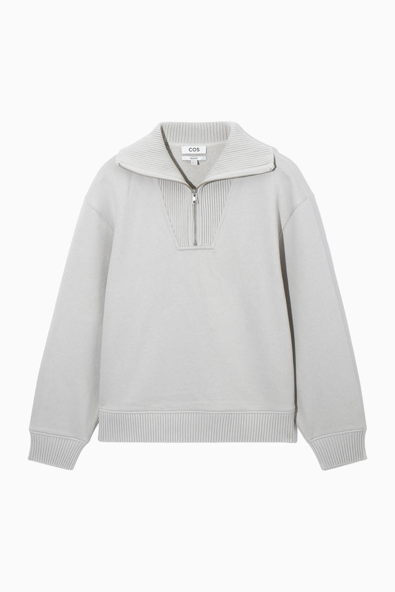 Funnel-Neck Half-Zip Sweatshirt in Beige