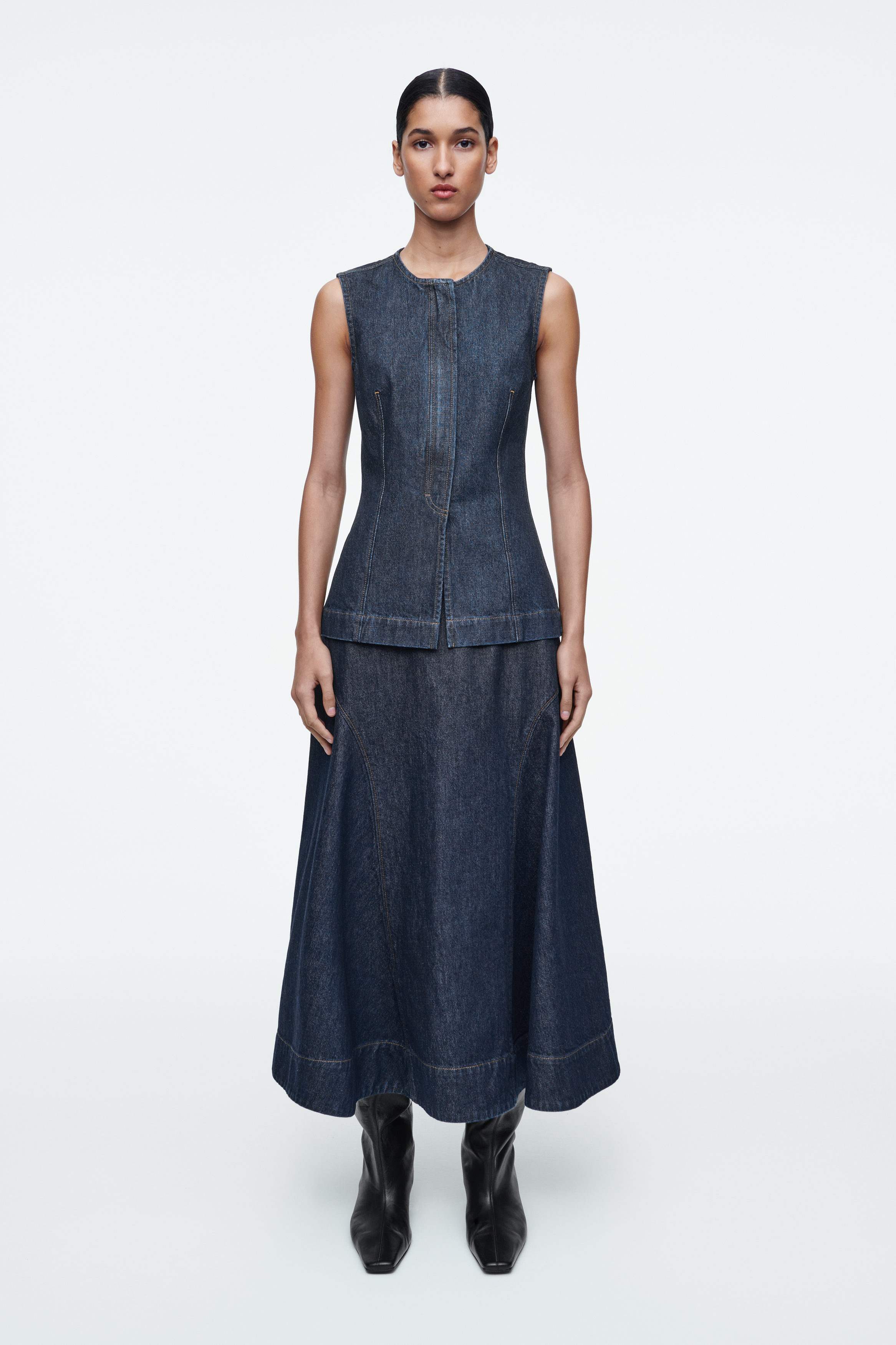 RAW DENIM A-LINE MIDI SKIRT